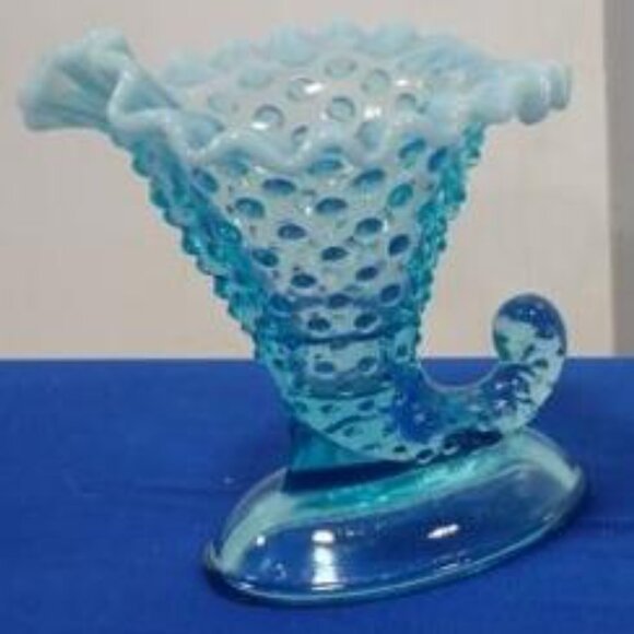 Fenton Blue Opalescent Hobnail Glass Cornucopia Horn Candleholder Vase Set of 2 - Picture 3 of 6